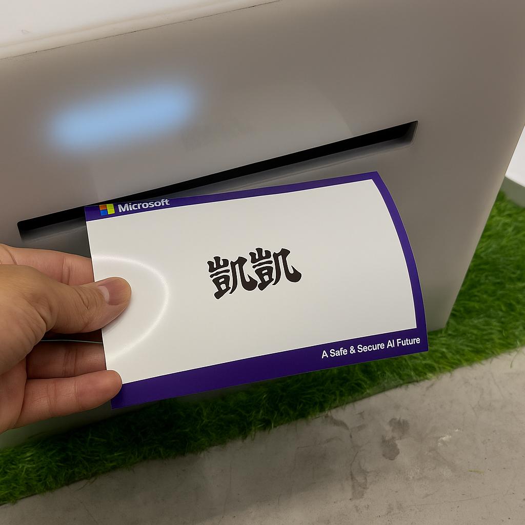 Guest receiving printed Arabic calligraphy artwork at a live event in Dubai, showcasing AI-powered personalized calligraphy in an elegant cultural setting.